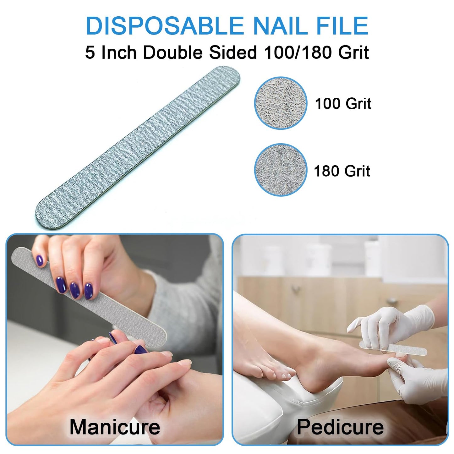 Disposable Manicure Kit 3 in 1 (Nail Buffer 100/180 Grit, Nail File 100/180 Grit, Wood Stick): Professional Nail Care Essentials in a Single-Use