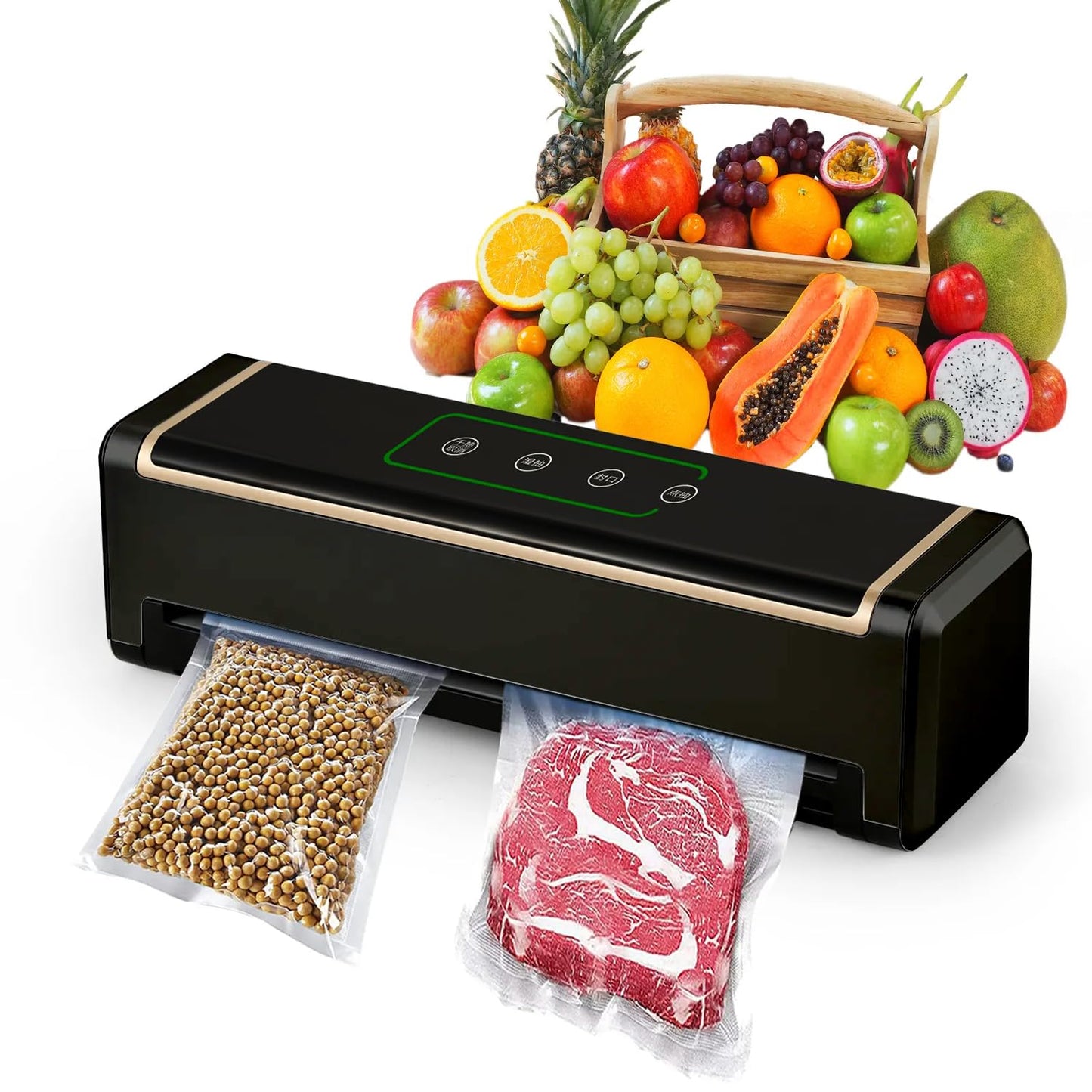 Full Automatic Food Vacuum Sealer Machine (80KPA) with Free 10pcs Seal Bags, LED Touch Screen, Dry & Moist Modes, Built-in Cutter, and Removable Drip Tray