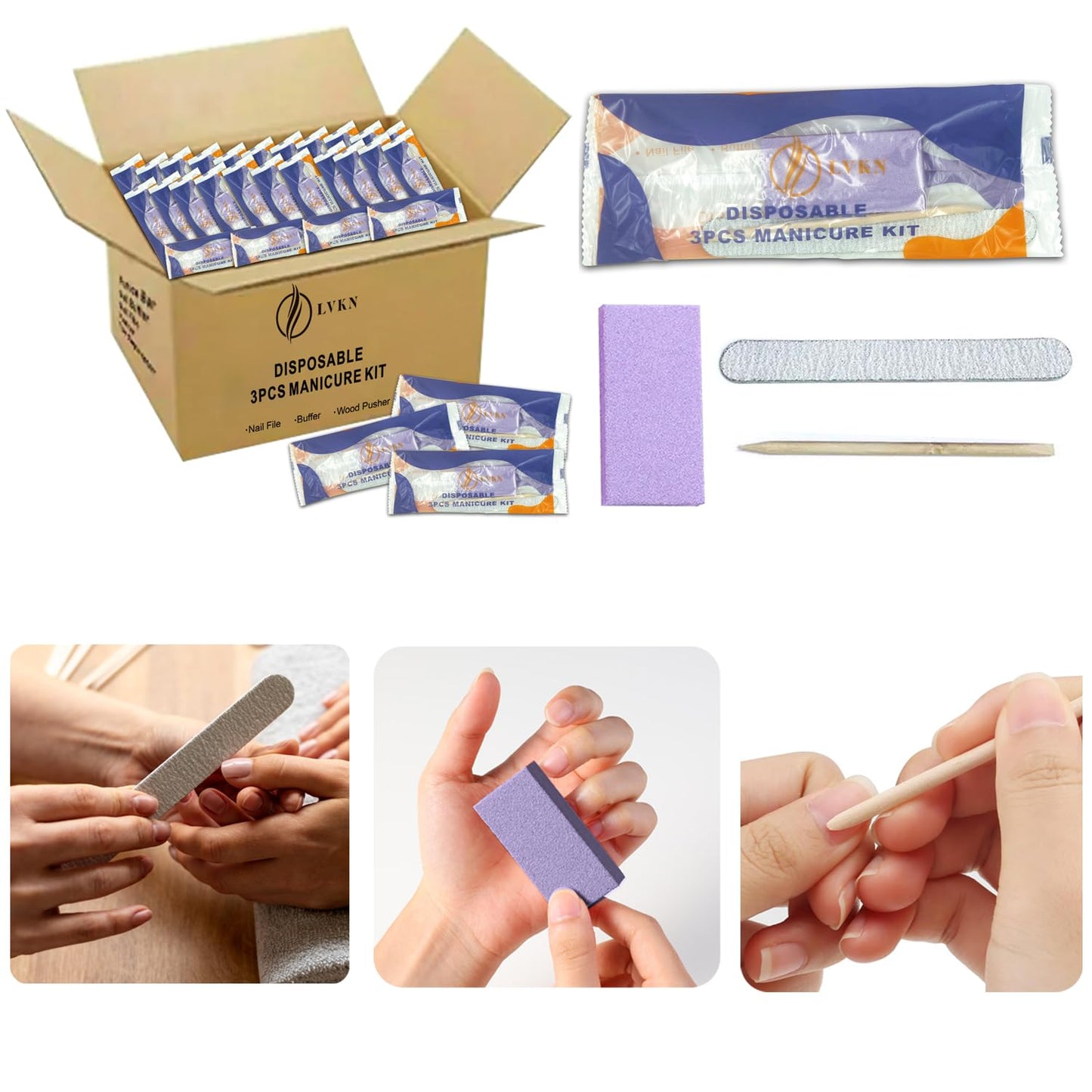 Disposable Manicure Kit 3 in 1 (Nail Buffer 100/180 Grit, Nail File 100/180 Grit, Wood Stick): Professional Nail Care Essentials in a Single-Use