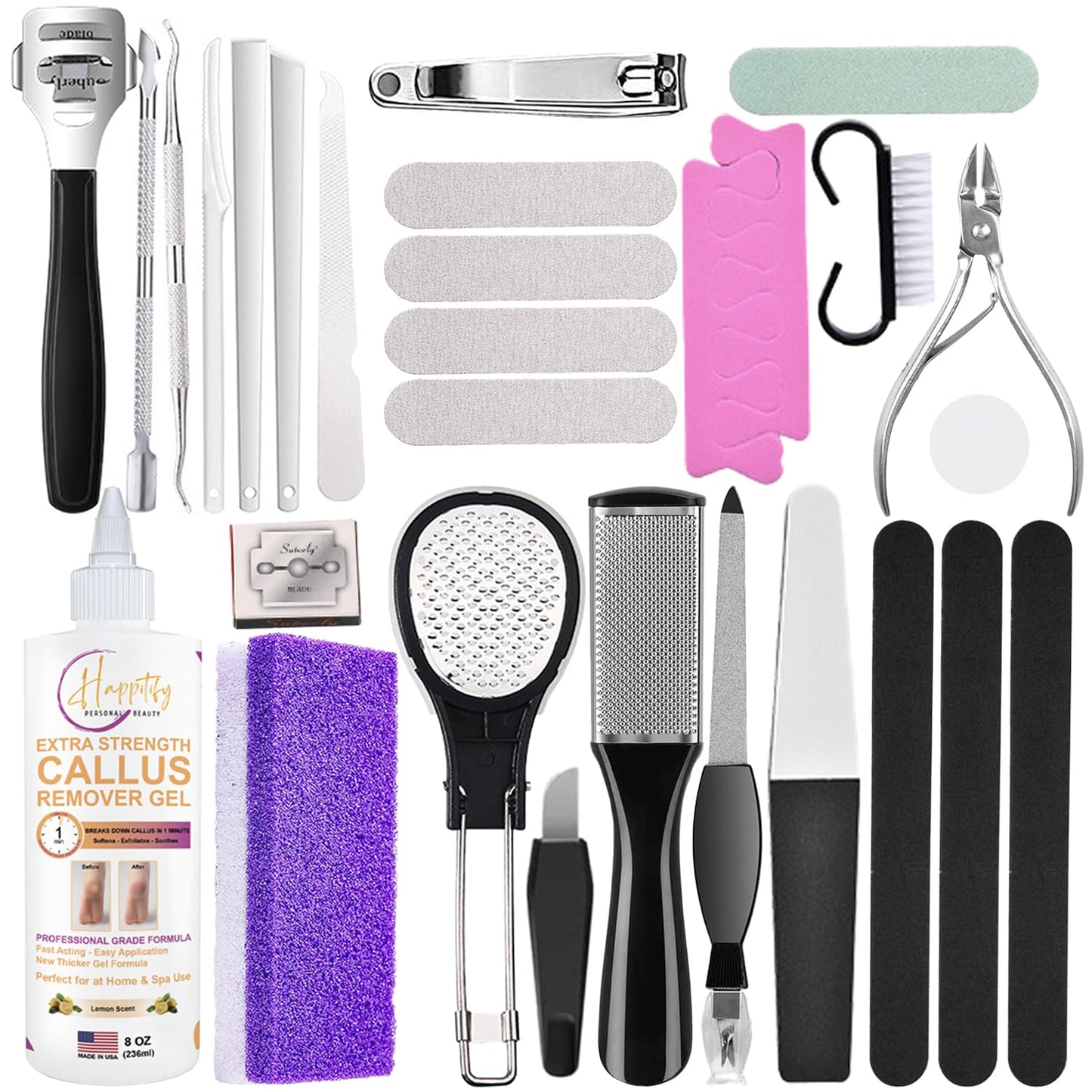 Extra Strength Callus Remover Gel & 36-in-1 Professional Pedicure Kit – Fast-Acting, Thicker Formula with Pumice Stone, Foot Scraper & Tools for Soft, Smooth Feet (8oz)