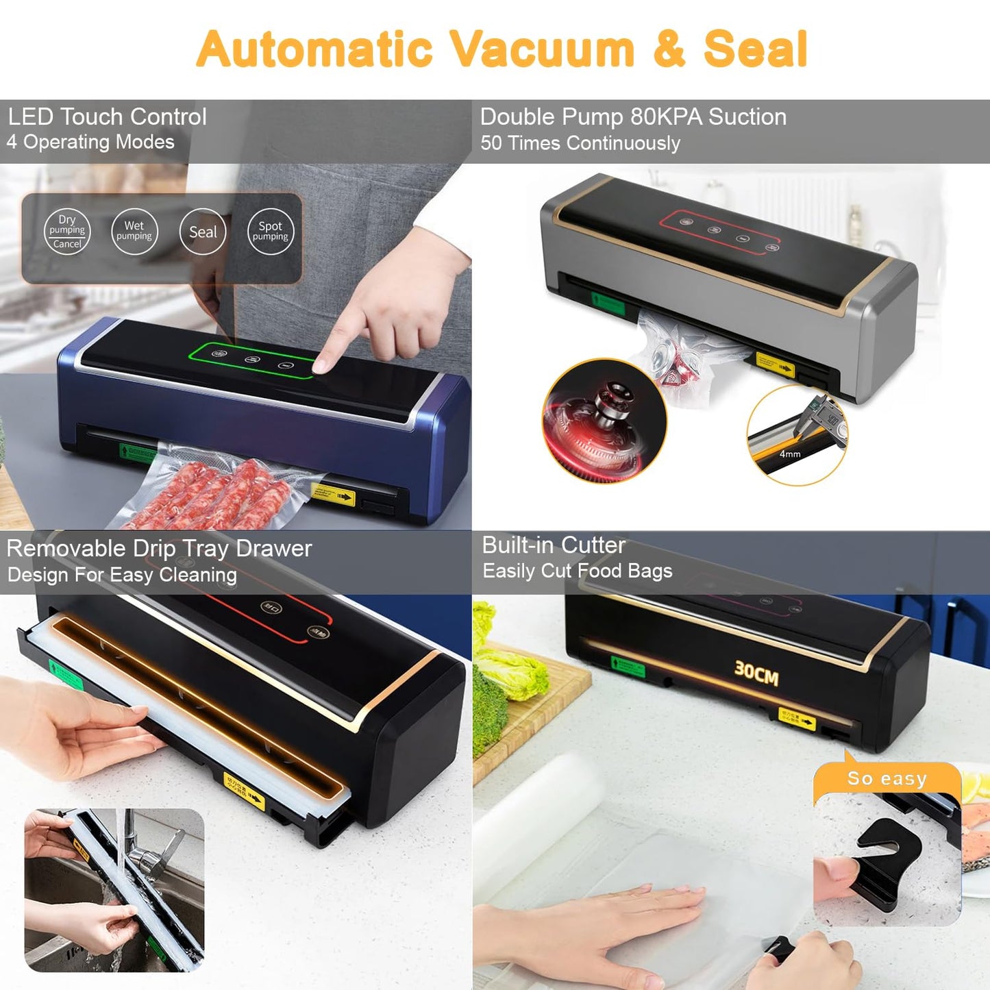 Full Automatic Food Vacuum Sealer Machine (80KPA) with Free 10pcs Seal Bags, LED Touch Screen, Dry & Moist Modes, Built-in Cutter, and Removable Drip Tray
