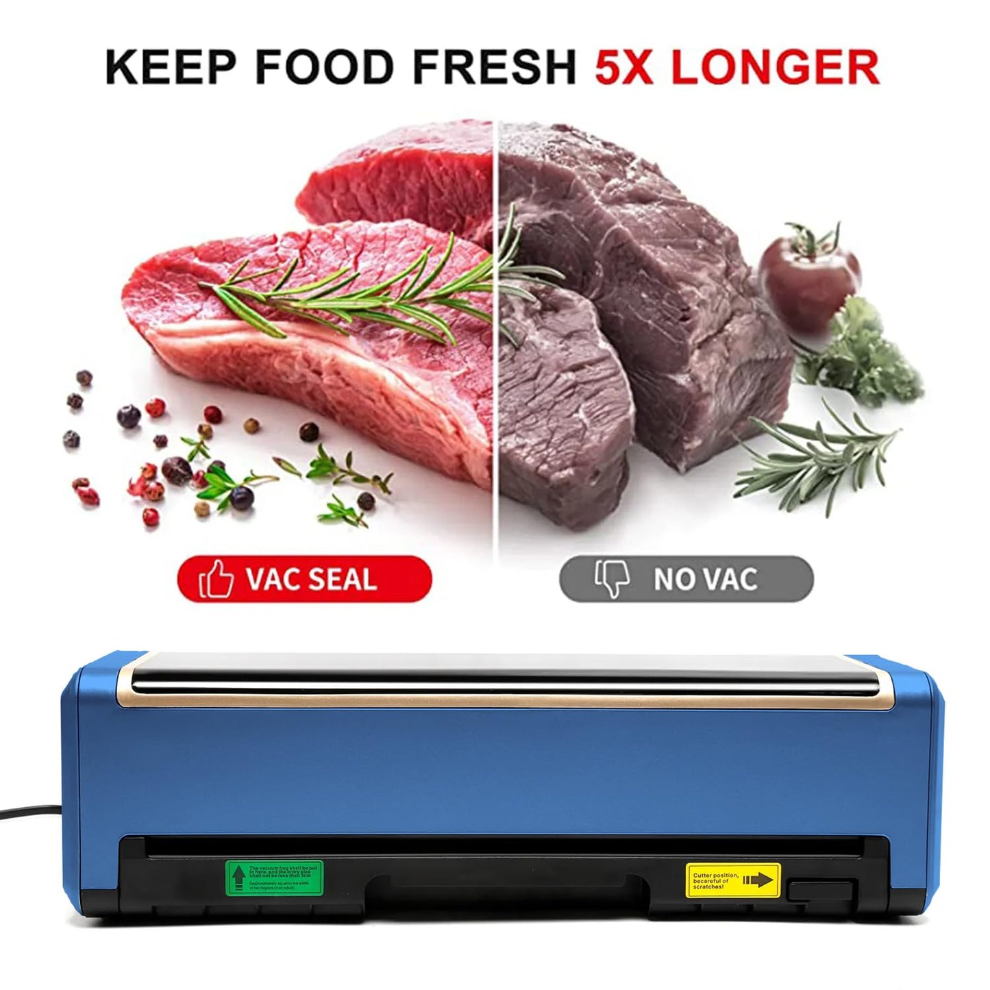 Full Automatic Food Vacuum Sealer Machine (80KPA) with Free 10pcs Seal Bags, LED Touch Screen, Dry & Moist Modes, Built-in Cutter, and Removable Drip Tray