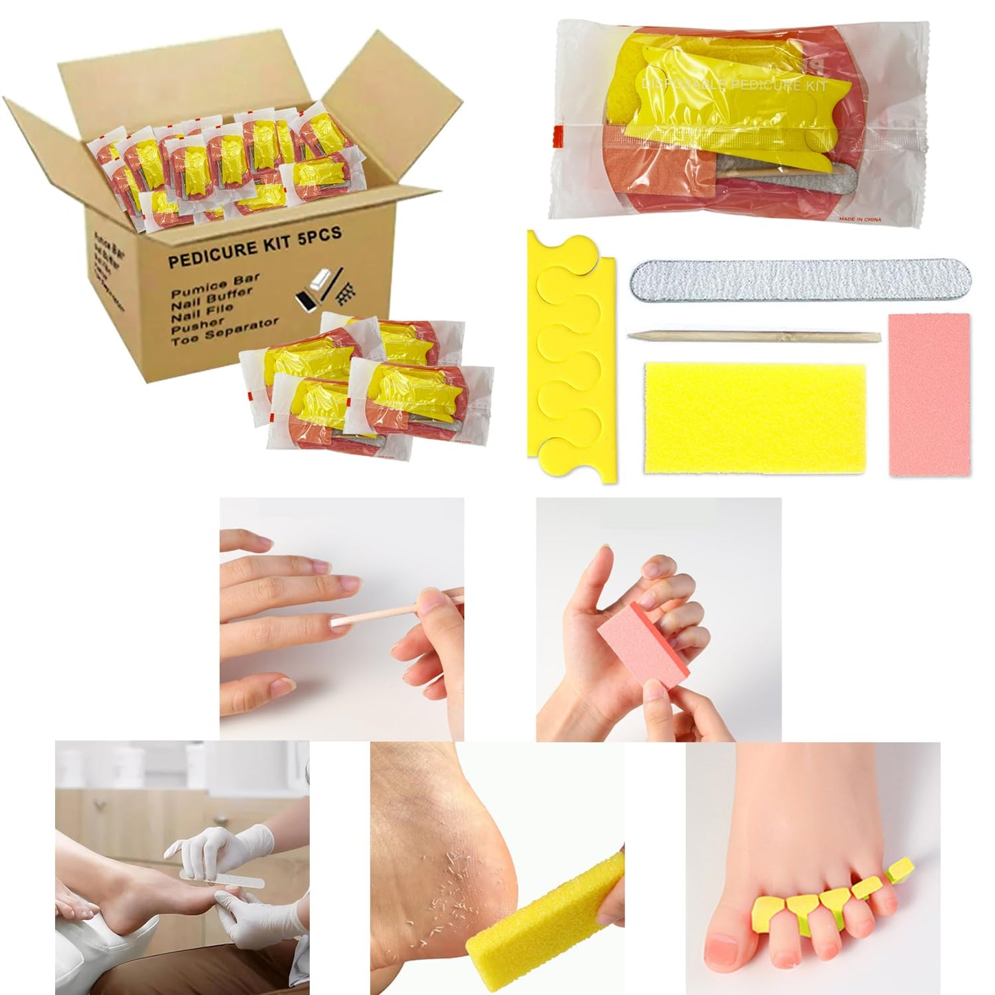 LVKN Disposable Pedicure Kit 5-in-1 (Nail Buffer, Pumice Pad, Nail File 100/180 Grit, Wood Stick and Toe Separators) Complete Pedicure Kit for Salon or Home Use.