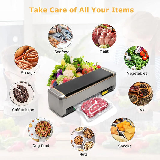 Full Automatic Food Vacuum Sealer Machine (80KPA) with Free 10pcs Seal Bags, LED Touch Screen, Dry & Moist Modes, Built-in Cutter, and Removable Drip Tray