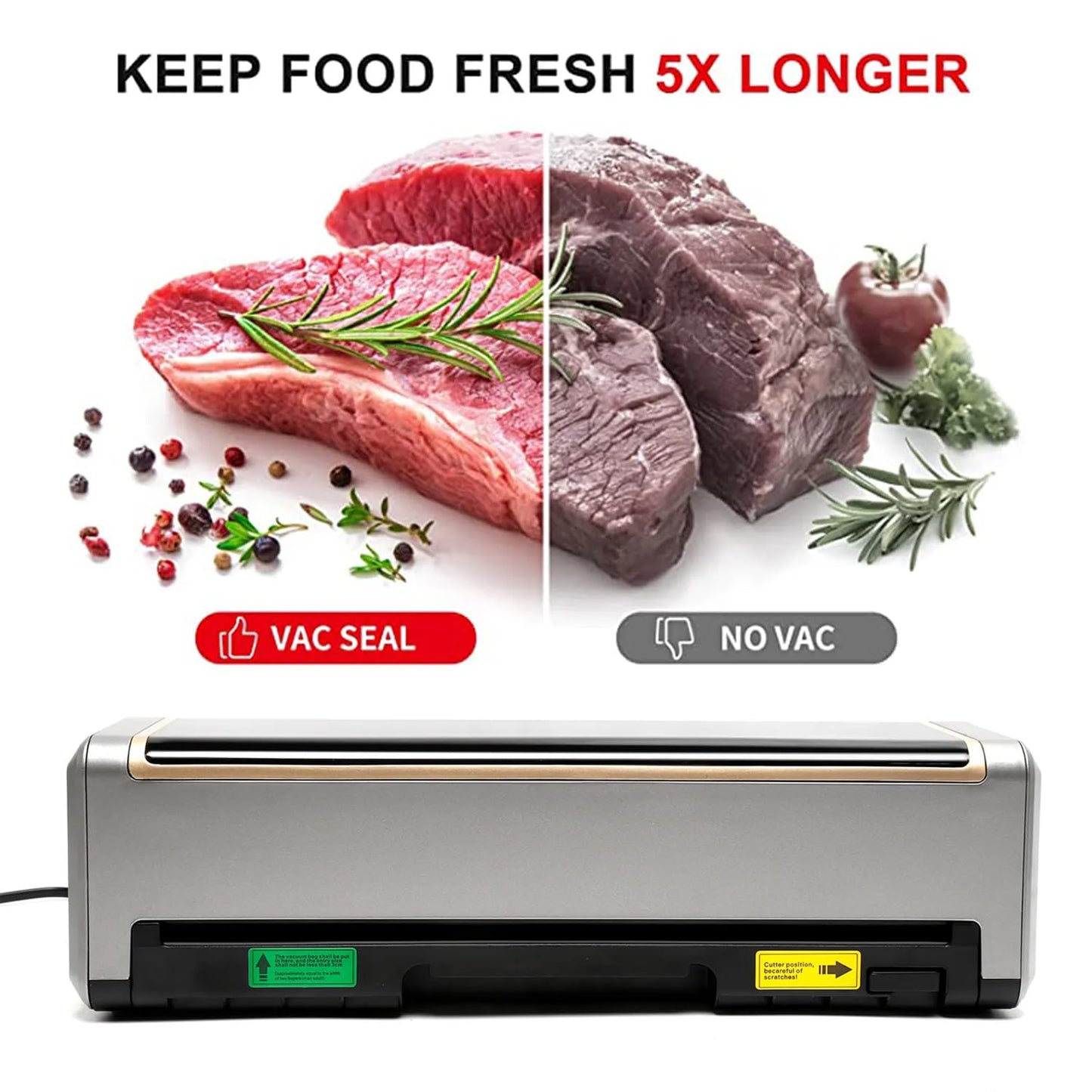 Full Automatic Food Vacuum Sealer Machine (80KPA) with Free 10pcs Seal Bags, LED Touch Screen, Dry & Moist Modes, Built-in Cutter, and Removable Drip Tray