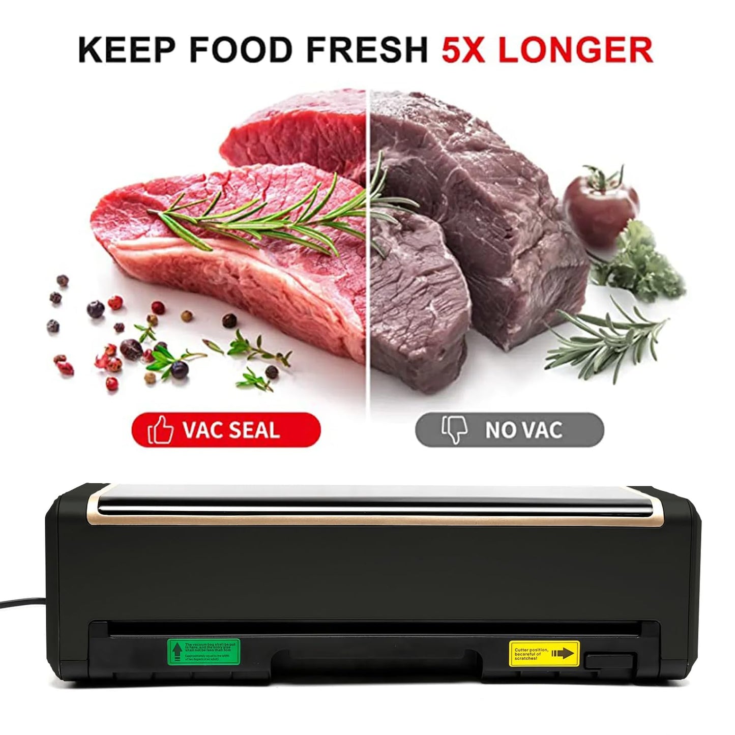 Full Automatic Food Vacuum Sealer Machine (80KPA) with Free 10pcs Seal Bags, LED Touch Screen, Dry & Moist Modes, Built-in Cutter, and Removable Drip Tray