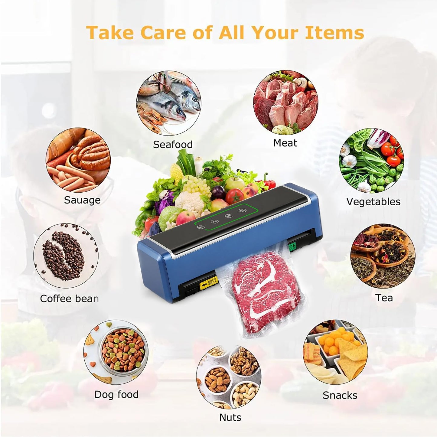 Full Automatic Food Vacuum Sealer Machine (80KPA) with Free 10pcs Seal Bags, LED Touch Screen, Dry & Moist Modes, Built-in Cutter, and Removable Drip Tray