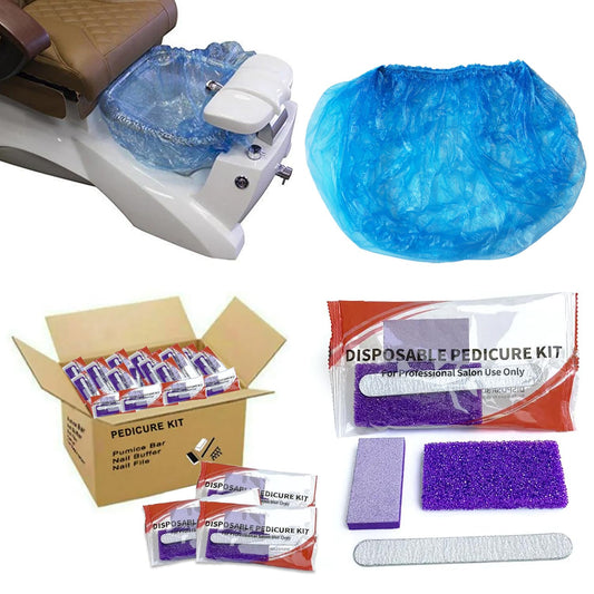 LVKN Disposable Pedicure Kit Pedicure Liner Set, Pedi Liner 120cm / 47.25in Blue, Disposable Pedi Kit 3-in-1 (Purple Pumice Pad, Mini Buffer, Wood Nail File 100/180 Grit)