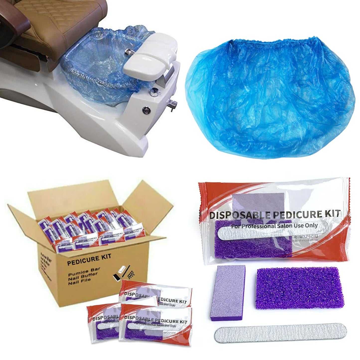 LVKN Disposable Pedicure Kit Pedicure Liner Set, Pedi Liner 120cm / 47.25in Blue, Disposable Pedi Kit 3-in-1 (Purple Pumice Pad, Mini Buffer, Wood Nail File 100/180 Grit)