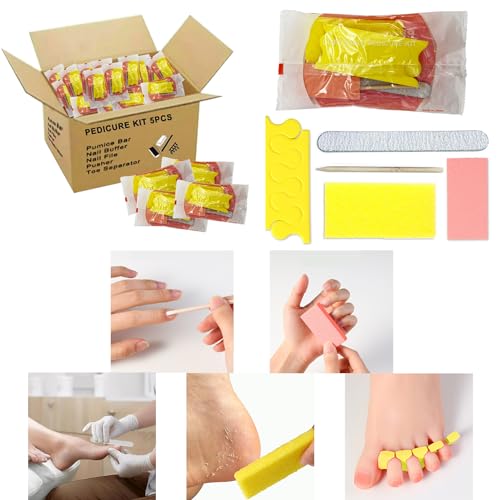 LVKN Disposable Pedicure Kit 5-in-1 (Nail Buffer, Pumice Pad, Nail File 100/180 Grit, Wood Stick and Toe Separators) Complete Pedicure Kit for Salon or Home Use.