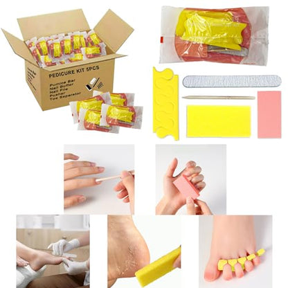 LVKN Disposable Pedicure Kit 5-in-1 (Nail Buffer, Pumice Pad, Nail File 100/180 Grit, Wood Stick and Toe Separators) Complete Pedicure Kit for Salon or Home Use.