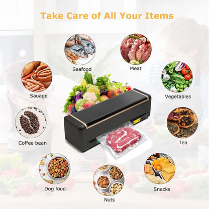 Full Automatic Food Vacuum Sealer Machine (80KPA) with Free 10pcs Seal Bags, LED Touch Screen, Dry & Moist Modes, Built-in Cutter, and Removable Drip Tray