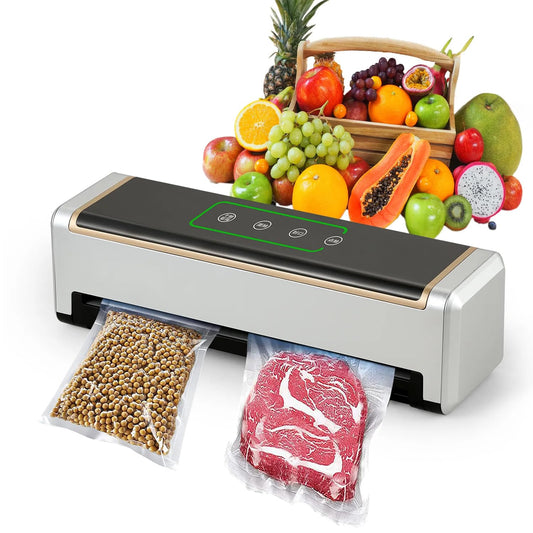 Full Automatic Food Vacuum Sealer Machine (80KPA) with Free 10pcs Seal Bags, LED Touch Screen, Dry & Moist Modes, Built-in Cutter, and Removable Drip Tray