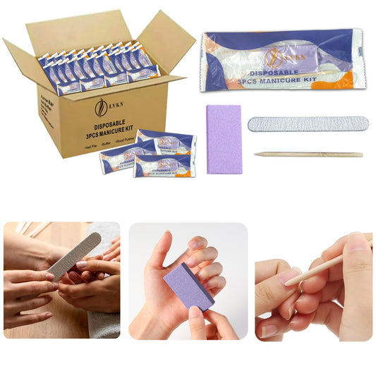 Disposable Manicure Kit 3 in 1 (Nail Buffer 100/180 Grit, Nail File 100/180 Grit, Wood Stick): Professional Nail Care Essentials in a Single-Use