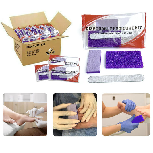LVKN Disposable Pedicure Kit 3-in-1 (Purple Pumice Pad, Wood Nail File 100/180 Grit, Purple Mini Buffer 100/180 Grit)